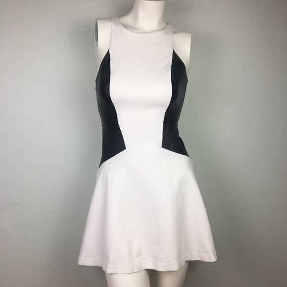 Express Dresses & Skirts - Express White Fit & Flare Skater Mini Dress w/ Black Faux Leather Panels Sz 2